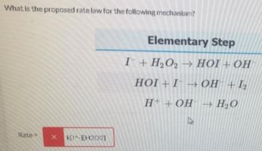 What is the proposed rate law for the following mechanism?
Elementary Step
I + H2O2 - HỘI + OH
HỘI +I OH +I2
H* + OH - H,O
Rate
KEKH2021
