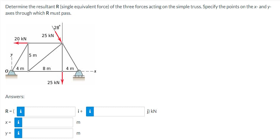 Determine the resultant R (single equivalent force) of the three forces acting on the simple truss. Specify the points on the x- and y-
axes through which R must pass.
20 KN
5 m
A
4 m
Answers:
R=(i
X =
y =
i
i
28°
25 KN
8 m
25 KN
4 m
..
+
m
m
i
j) kN