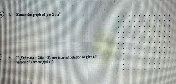 Sketch the graph of y=2-x.
2. If fx)=x(*+ 2)(x – 3), use interval notation to give all
values of x where Ax) > 0.
