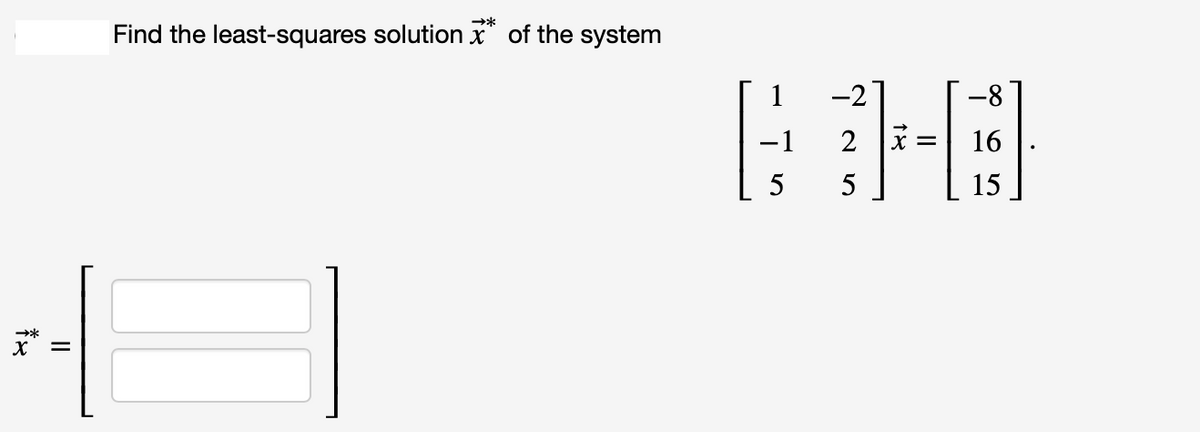 →*
za
X
||
→*
Find the least-squares solution of the system
-2
GHB
2
= 16
5 5
15
-8