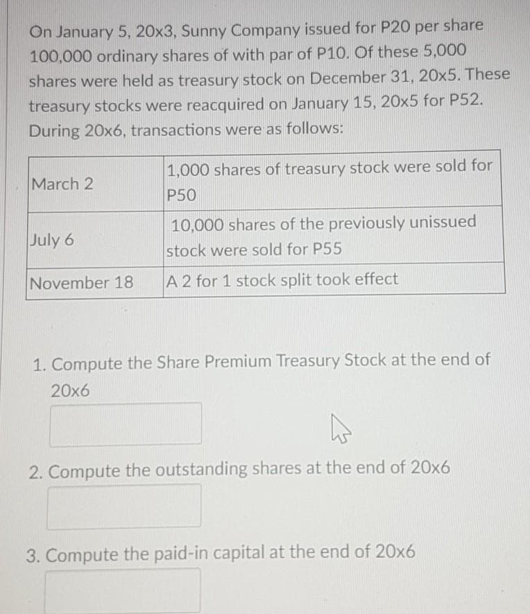 On January 5, 20x3, Sunny Company issued for P20 per share
100,000 ordinary shares of with par of P10. Of these 5,000
shares were held as treasury stock on December 31, 20x5. These
treasury stocks were reacquired on January 15, 20x5 for P52.
During 20x6, transactions were as follows:
1,000 shares of treasury stock were sold for
P50
March 2
10,000 shares of the previously unissued
July 6
stock were sold for P55
November 18
A 2 for 1 stock split took effect
1. Compute the Share Premium Treasury Stock at the end of
20x6
2. Compute the outstanding shares at the end of 20x6
3. Compute the paid-in capital at the end of 20x6
