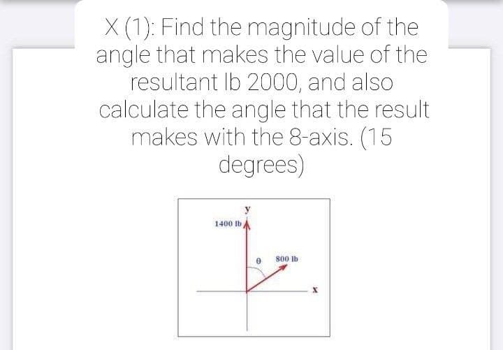X (1): Find the magnitude of the
angle that makes the value of the
resultant Ib 2000, and also
calculate the angle that the result
makes with the 8-axis. (15
degrees)
1400 Ib
e 800 b
