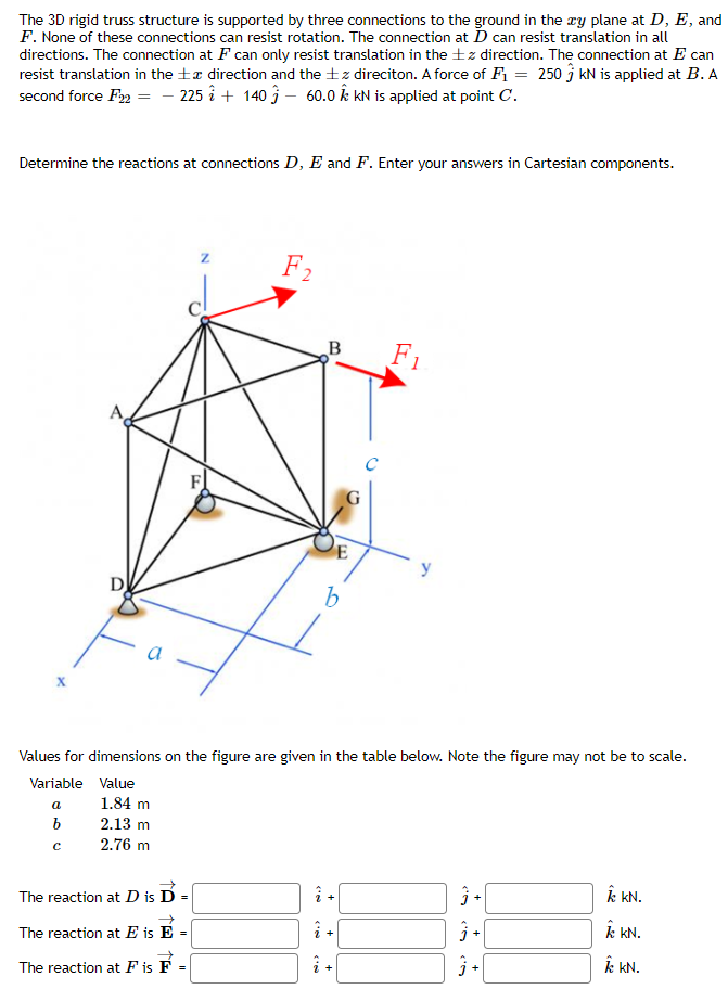 The 3D rigid truss structure is supported by three connections to the ground in the ry plane at D, E, and
F. None of these connections can resist rotation. The connection at D can resist translation in all
directions. The connection at F can only resist translation in the +z direction. The connection at E can
resist translation in the +x direction and the +z direciton. A force of F = 250 ĝ kN is applied at B. A
second force F2 = - 225 î + 140 ĵ - 60.0 k kN is applied at point C.
Determine the reactions at connections D, E and F. Enter your answers in Cartesian components.
F2
B
F
E
Values for dimensions on the figure are given in the table below. Note the figure may not be to scale.
TE
Variable Value
a
1.84 m
2.13 m
2.76 m
The reaction at D is D -
k kN.
The reaction at E is E
k kN.
The reaction at F is F
k kN.
+
+
II
