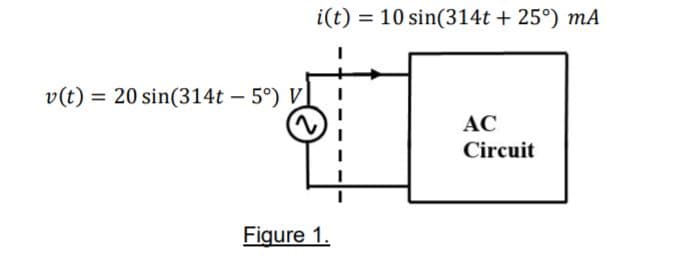 i(t) = 10 sin(314t + 25°) mA
v(t) = 20 sin(314t – 5°) V
AC
Circuit
Figure 1.
