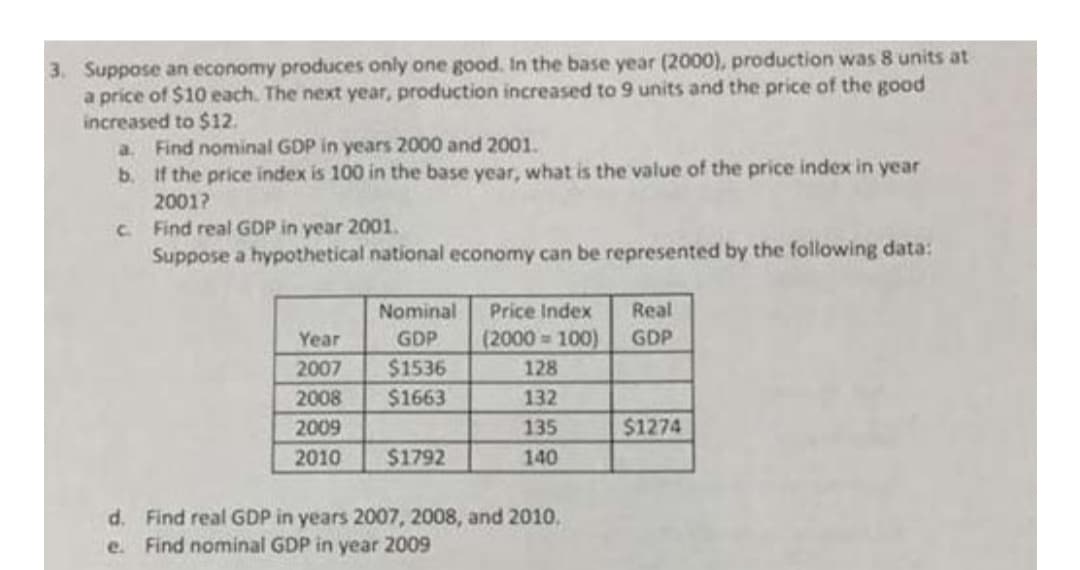 3. Suppose an economy produces only one good. In the base year (2000), production was 8 units at
a price of $10 each. The next year, production increased to 9 units and the price of the good
increased to $12.
a. Find nominal GDP in years 2000 and 2001.
b. if the price index is 100 in the base year, what is the value of the price index in year
2001?
C Find real GDP in year 2001.
Suppose a hypothetical national economy can be represented by the following data:
Nominal
Price Index
Real
Year
GDP
(2000 100)
GDP
2007
$1536
128
2008
$1663
132
2009
135
$1274
2010
$1792
140
d. Find real GDP in years 2007, 2008, and 2010,
e. Find nominal GDP in year 2009
