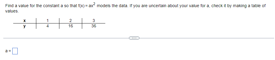 Find a value for the constant a so that f(x) = ax² models the data. If you are uncertain about your value for a, check it by making a table of
values.
a =
X
y
1
4
2
16
3
36