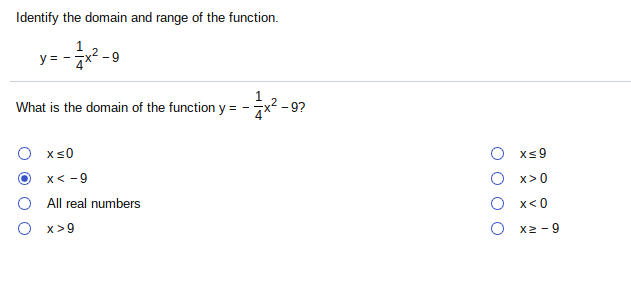 Identify the domain and range of the function.
y =
What is the domain of the function y =
-9?
O xs0
Xs9
x< -9
O x>0
O All real numbers
O x<0
O x>9
O x2 - 9
