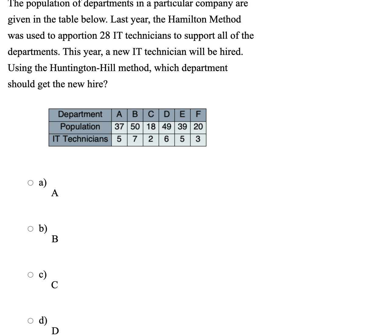 The population of departments in a particular company are
given in the table below. Last year, the Hamilton Method
was used to apportion 28 IT technicians to support all of the
departments. This year, a new IT technician will be hired.
Using the Huntington-Hill method, which department
should get the new hire?
Department
Population
IT Technicians 5 7
A BCDEF
37 50 18 49 39 20
2 6 5
3
a)
А
b)
В
C
d)
D
