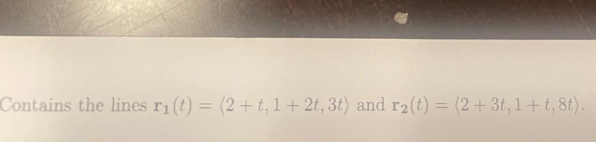 Contains the lines r₁ (t) = (2+t, 1+ 2t, 3t) and r2(t) = (2+ 3t, 1+t, 8t)