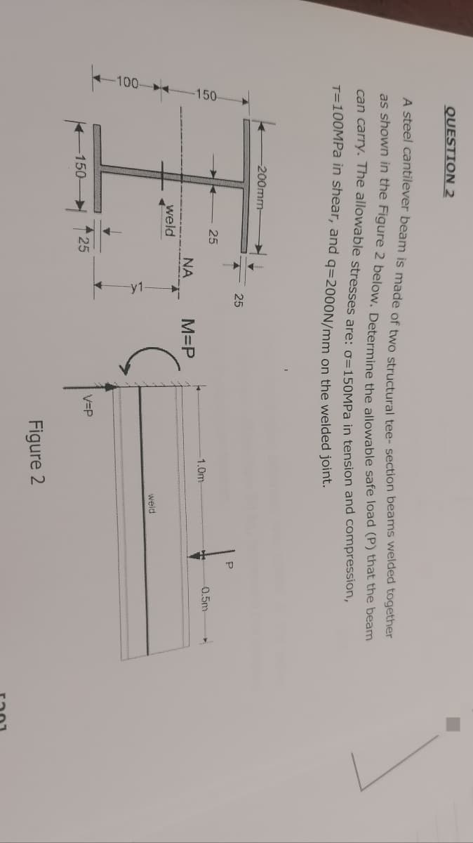 QUESTION 2
A steel cantilever beam is made of two structural tee- section beams welded together
as shown in the Figure 2 below. Determine the allowable safe load (P) that the beam
can carry. The allowable stresses are: 0-150MPa in tension and compression,
T=100MPa in shear, and q=2000N/mm on the welded joint.
150
-200mm-
-150-
25
weld
25
ΝΑ
25
M=P
V=P
-1.0m-
Figure 2
weld
0.5m
31