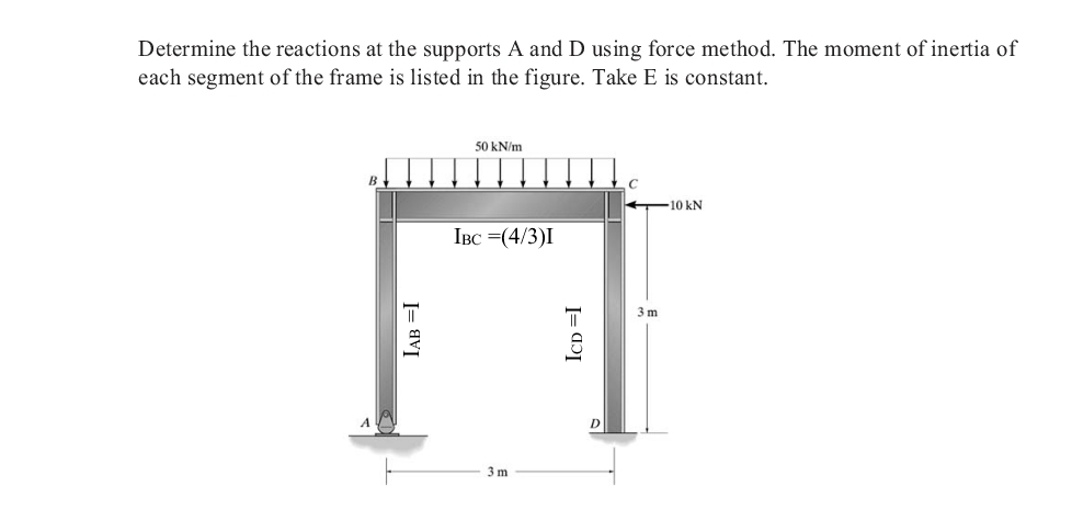 Determine the reactions at the supports A and D using force method. The moment of inertia of
each segment of the frame is listed in the figure. Take E is constant.
50 kN/m
10 kN
IBC =(4/3)I
3 m
D
3 m
I= avI
