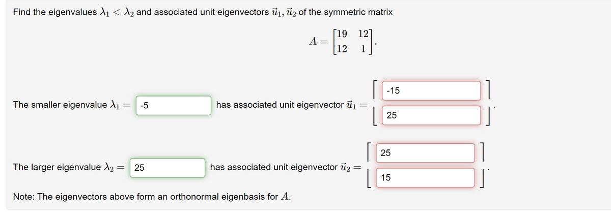 Find the eigenvalues λ₁ < λ2 and associated unit eigenvectors 1, ủ2 of the symmetric matrix
[19 12]
12 1
The smaller eigenvalue X₁ =
=
The larger eigenvalue X2
-5
= 25
A
=
has associated unit eigenvector ₁
=
Note: The eigenvectors above form an orthonormal eigenbasis for A.
has associated unit eigenvector 2
-
-15
25
25
15