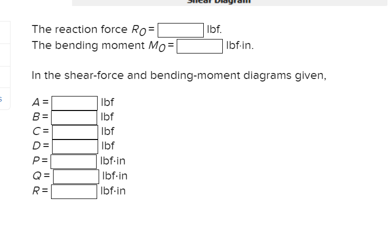 S
The reaction force Ro=
The bending moment Mo=
In the shear-force and bending-moment diagrams given,
A =
B=
C=
D=
P=
Q=
R=
lbf
lbf
lbf
lbf
Ibf.in
lbf-in
Ibf.in
lbf.
Ibf.in.