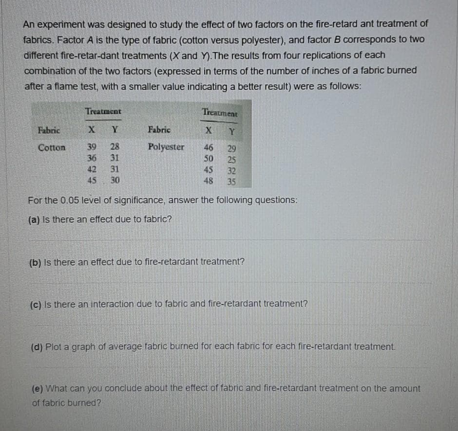 An experiment was designed to study the effect of two factors on the fire-retard ant treatment of
fabrics. Factor A is the type of fabric (cotton versus polyester), and factor B corresponds to two
different fire-retar-dant treatments (X and Y). The results from four replications of each
combination of the two factors (expressed in terms of the number of inches of a fabric burned
after a flame test, with a smaller value indicating a better result) were as follows:
Treatment
Treatment
Fabric
Y
Fabric
X
Cotton
39
28
Polyester
46
29
36
31
50
25
31
42
45
45
30
48
For the 0.05 level of significance, answer the following questions:
(a) Is there an effect due to fabric?
(b) Is there an effect due to fire-retardant treatment?
(c) Is there an interaction due to fabric and fire-retardant treatment?
(d) Plot
graph of average fabric burned for each fabric for each fire-retardant treatment.
(e) What can you conclude about the effect of fabric and fire-retardant treatment on the amount
of fabric burned?
Y 7333
