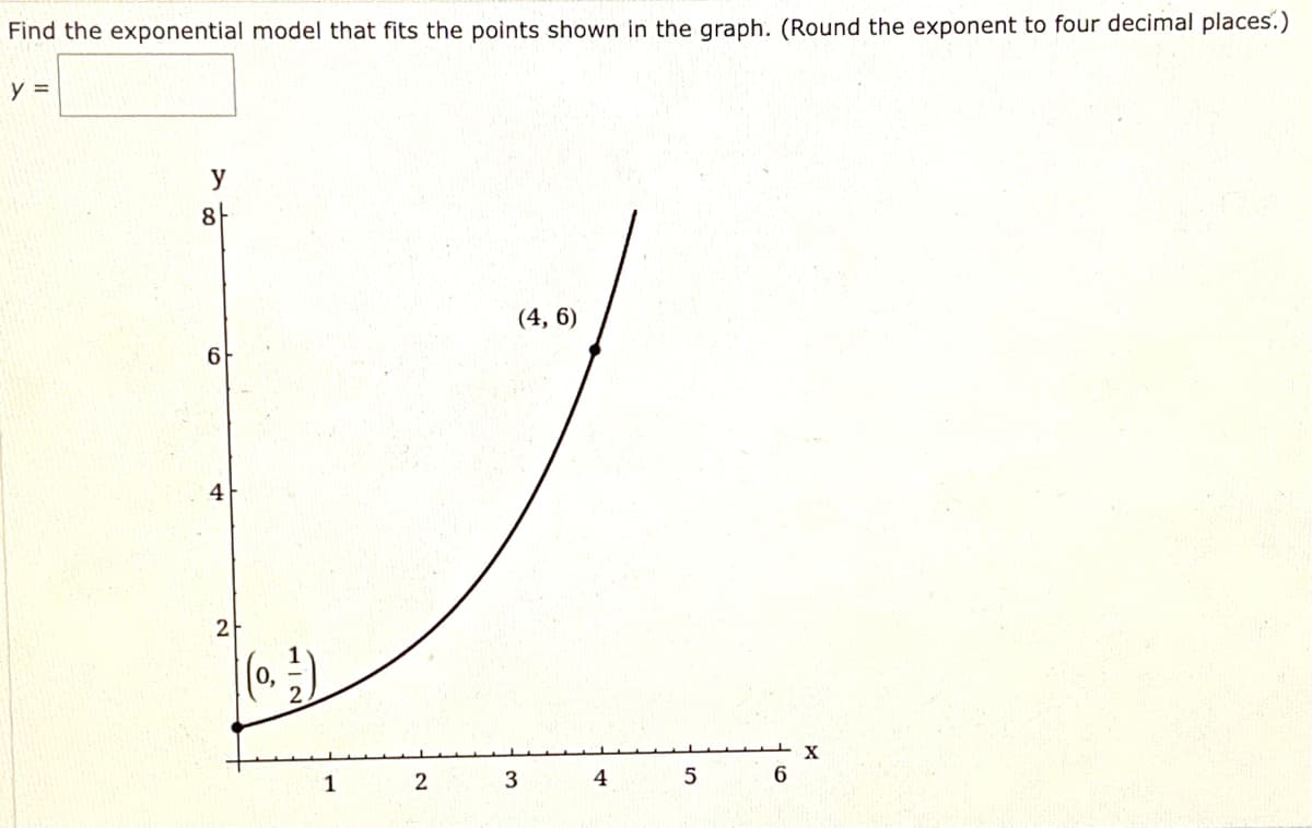 Find the exponential model that fits the points shown in the graph. (Round the exponent to four decimal places.)
y =
y
8-
(4, 6)
4
2
1
2
3
4
5
