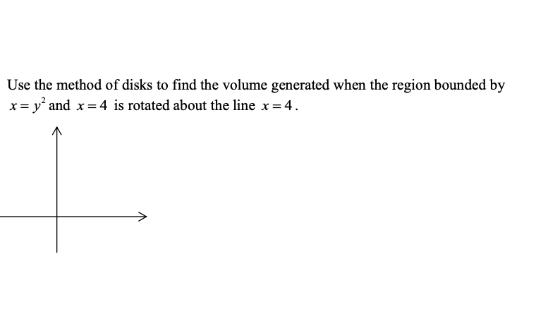 Use the method of disks to find the volume generated when the region bounded by
x= y' and x = 4 is rotated about the line x= 4.
