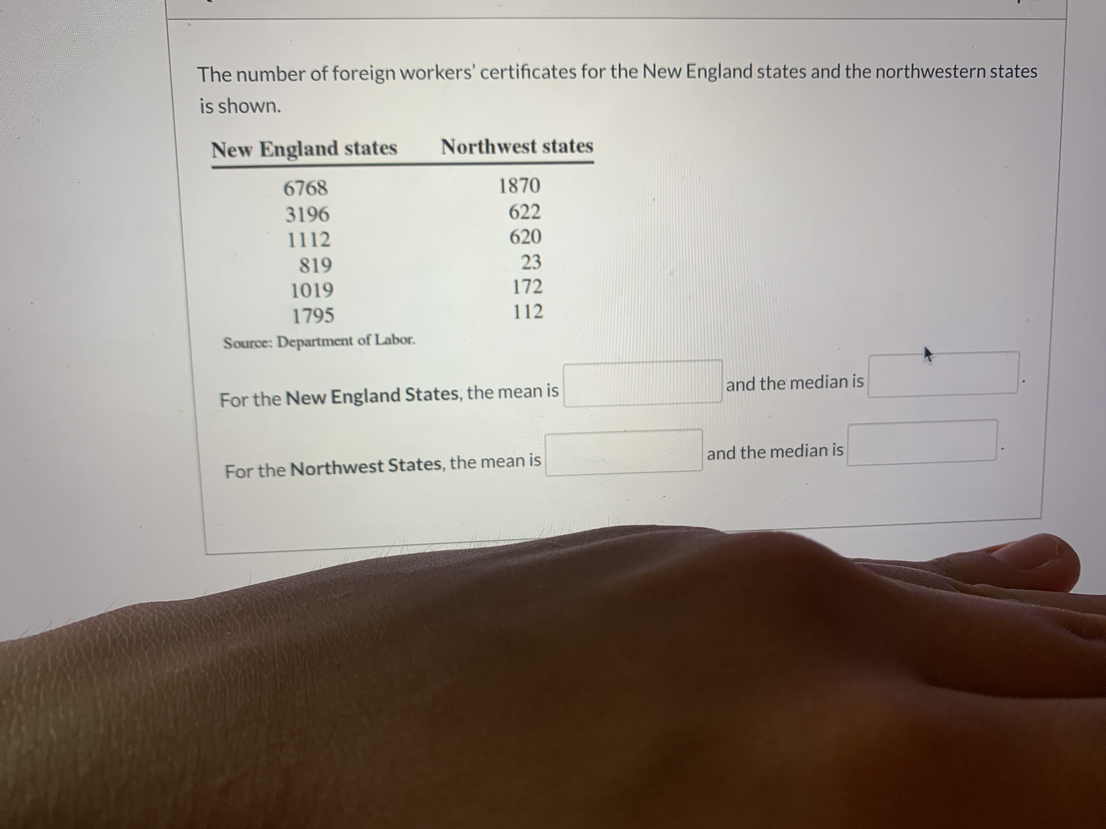 The number of foreign workers' certificates for the New England states and the northwestern states
is shown.
New England states
Northwest states
6768
1870
3196
622
1112
620
819
23
1019
172
1795
112
Source: Department of Labor.
and the median is
For the New England States, the mean is
and the median is
For the Northwest States, the mean is
