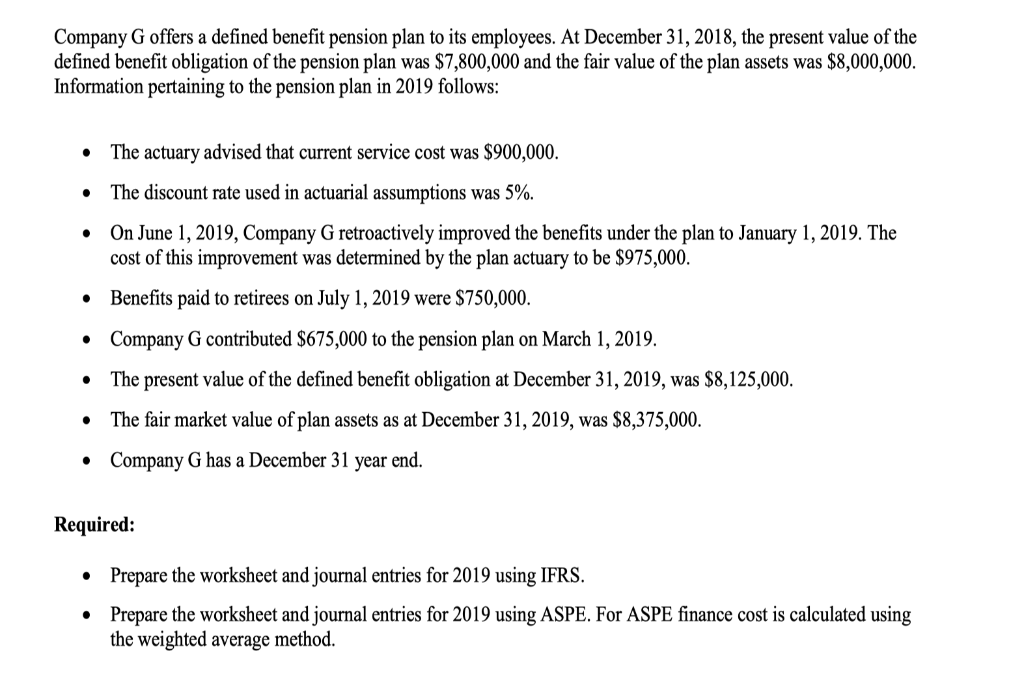 Company G offers a defined benefit pension plan to its employees. At December 31, 2018, the present value of the
defined benefit obligation of the pension plan was $7,800,000 and the fair value of the plan assets was $8,000,000.
Information pertaining to the pension plan in 2019 follows:
The actuary advised that current service cost was $900,000.
The discount rate used in actuarial assumptions was 5%.
On June 1, 2019, Company G retroactively improved the benefits under the plan to January 1, 2019. The
cost of this improvement was determined by the plan actuary to be $975,000.
Benefits paid to retirees on July 1, 2019 were $750,000.
Company G contributed $675,000 to the pension plan on March 1, 2019.
The present value of the defined benefit obligation at December 31, 2019, was $8,125,000.
The fair market value of plan assets as at December 31, 2019, was $8,375,000.
• Company G has a December 31 year end.
Required:
• Prepare the worksheet and journal entries for 2019 using IFRS.
• Prepare the worksheet and journal entries for 2019 using ASPE. For ASPE finance cost is calculated using
the weighted average method.
