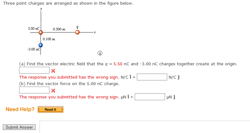 Three point charges are arranged as shown in the figure below.
y
5.00 nC
-3.00 nC
0.300 m
0.100 m
(a) Find the vector electric field that the q = 5.50 nC and -3.00 nC charges together create at the origin.
X
The response you submitted has the wrong sign. N/C Î +
(b) Find the vector force on the 5.00 nC charge.
Submit Answer
9
X
The response you submitted has the wrong sign. µN Î +
Need Help? Read It
N/CĴ
μN Ĵ