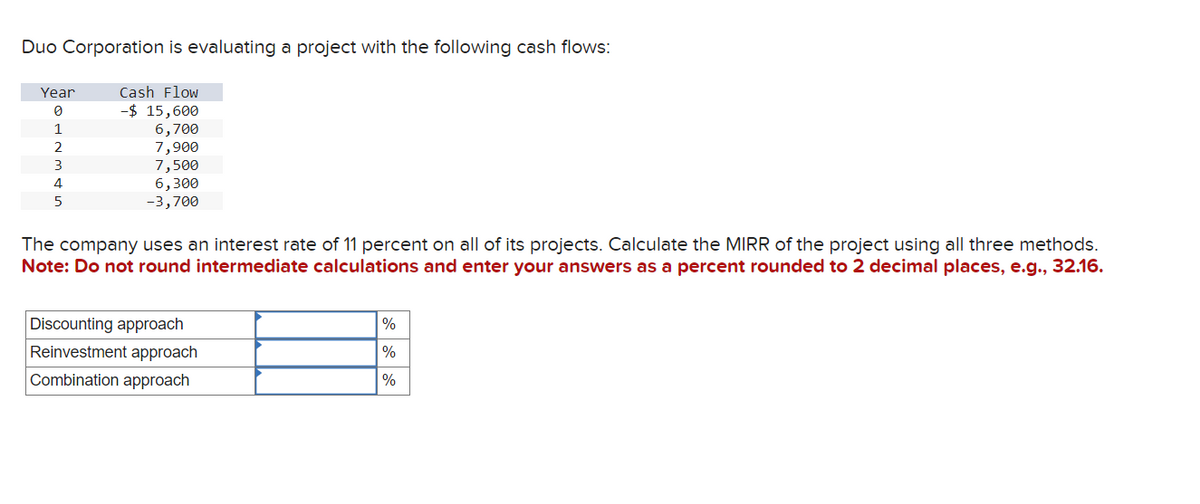 Duo Corporation is evaluating a project with the following cash flows:
Year
0
1
2
3
4
5
Cash Flow
-$ 15,600
6,700
7,900
7,500
6,300
-3,700
The company uses an interest rate of 11 percent on all of its projects. Calculate the MIRR of the project using all three methods.
Note: Do not round intermediate calculations and enter your answers as a percent rounded to 2 decimal places, e.g., 32.16.
Discounting approach
Reinvestment approach
Combination approach
%
%
%