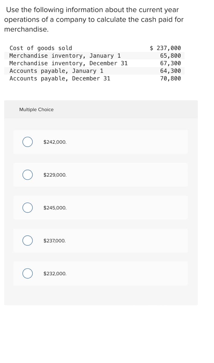 Use the following information about the current year
operations of a company to calculate the cash paid for
merchandise.
Cost of goods sold
Merchandise inventory, January 1
Merchandise inventory, December 31
Accounts payable, January 1
Accounts payable, December 31
Multiple Choice
$242,000.
$229,000.
$245,000.
$237,000.
$232,000.
$ 237,000
65,800
67,300
64,300
70,800