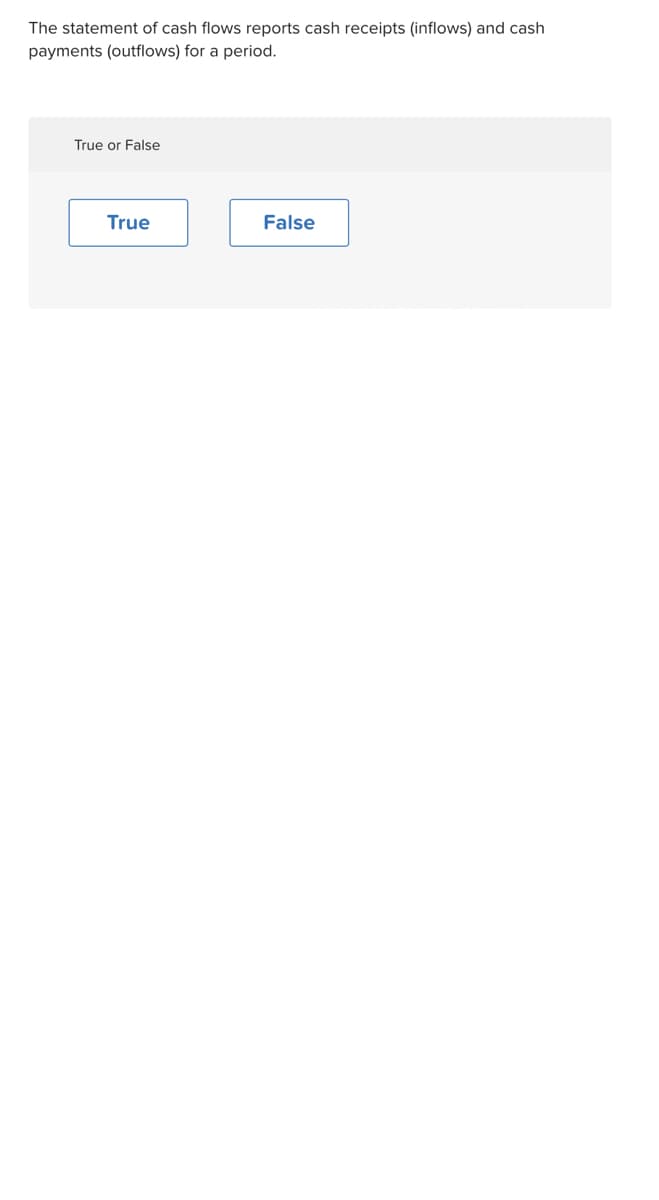 The statement of cash flows reports cash receipts (inflows) and cash
payments (outflows) for a period.
True or False
True
False