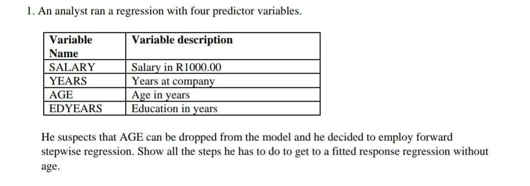 1. An analyst ran a regression with four predictor variables.
Variable description
Salary in R1000.00
Years at company
Age in years
Education in years
Variable
Name
SALARY
YEARS
AGE
EDYEARS
He suspects that AGE can be dropped from the model and he decided to employ forward
stepwise regression. Show all the steps he has to do to get to a fitted response regression without
age.