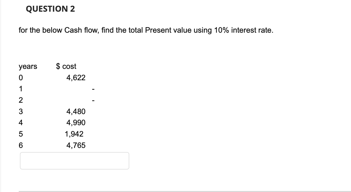 QUESTION 2
for the below Cash flow, find the total Present value using 10% interest rate.
years
0
8 1 2 3 4 5 6
$ cost
4,622
4,480
4,990
1,942
4,765