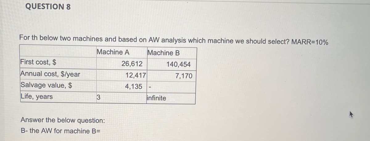 QUESTION 8
For th below two machines and based on AW analysis which machine we should select? MARR=10%
Machine A
Machine B
First cost, $
Annual cost, $/year
Salvage value, $
Life, years
3
Answer the below question:
B-the AW for machine B=
26,612
12,417
4,135
infinite
140,454
7,170