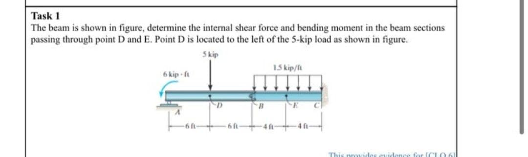 Task 1
The beam is shown in figure, determine the internal shear force and bending moment in the beam sections
passing through point D and E. Point D is located to the left of the 5-kip load as shown in figure.
5 kip
1.5 kip/ft
6 kip-ft
H
D
E
A
This provides evidence for ICLO61
B
4 ft
4 ft
C