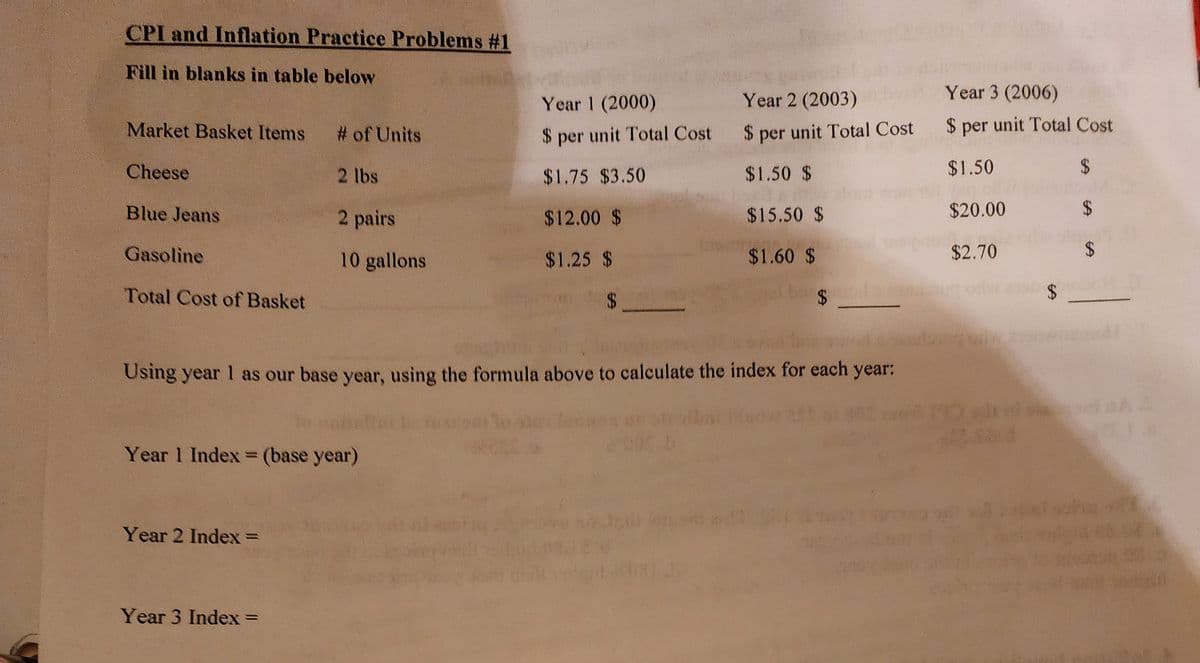 CPI and Inflation Practice Problems #1
Fill in blanks in table below
Market Basket Items
Cheese
Blue Jeans
Gasoline
Total Cost of Basket
# of Units
Year 2 Index =
2 lbs
Year 3 Index =
2 pairs
10 gallons
Year 1 Index = (base year)
Year 1 (2000)
$ per unit Total Cost
$1.75 $3.50
$12.00 $
$1.25 $
Using year 1 as our base year, using the formula above to calculate the index for each year:
Year 2 (2003)
$ per unit Total Cost
$1.50 $
$15.50 $
$1.60 $
$
Year 3 (2006)
$ per unit Total Cost
$1.50
$
$
$20.00
$2.70
1108
$
$
