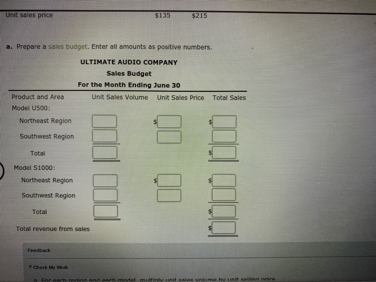 Unit sales price
$135
$215
a. Prepare a sales budget. Enter all amounts as positive numbers.
ULTIMATE AUDIO COMPANY
Sales Budget
For the Month Ending June 30
Product and Area
Unit Sales Volume
Unit Sales Price
Total Sales
Model U500:
Northeast Region
$4
%$4
Southwest Region
Total
Model S1000:
Northeast Region
Southwest Region
Total
Total revenue from sales
%$4
Feedback
Check My Work
a For each region and each model multinly uinit sales volume hy unit selling price
00
