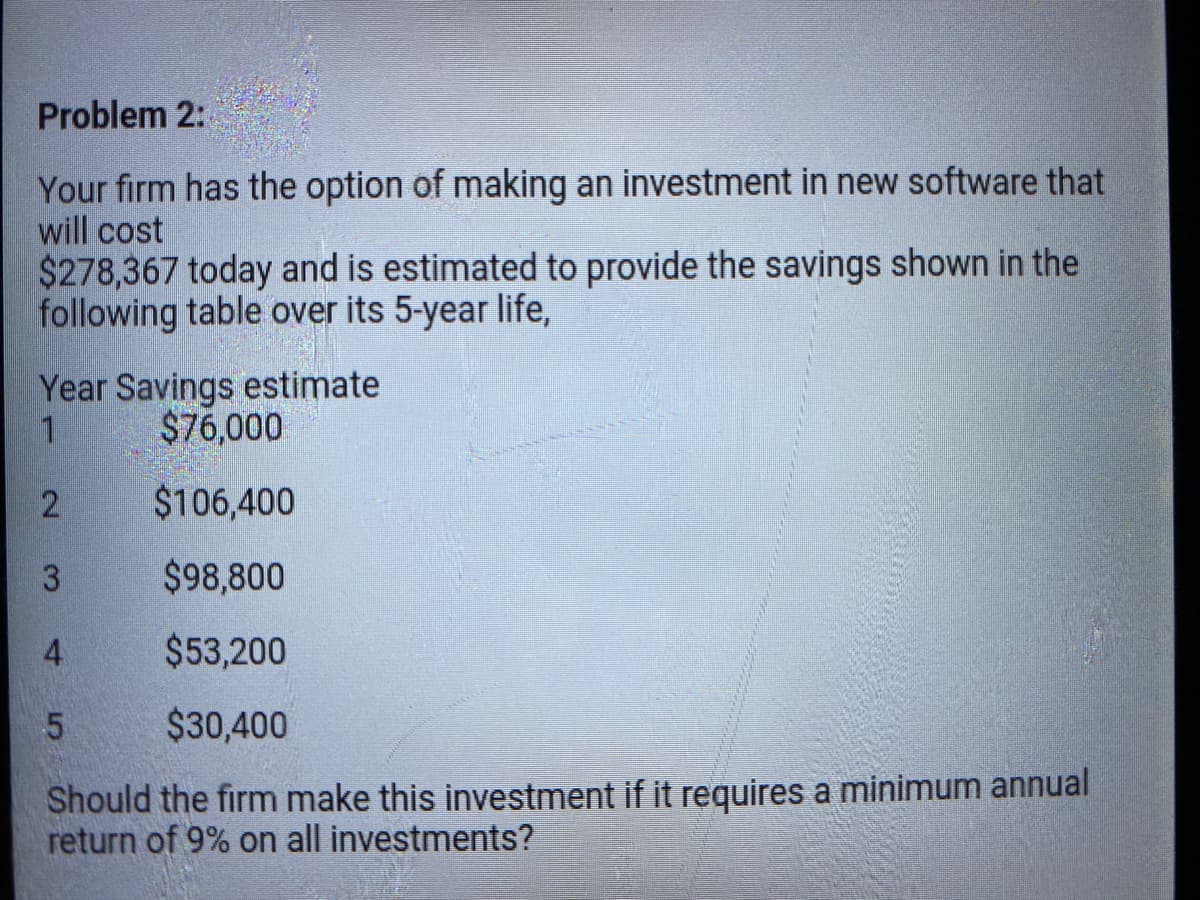 Problem 2:
Your firm has the option of making an investment in new software that
will cost
$278,367 today and is estimated to provide the savings shown in the
following table over its 5-year life,
Year Savings estimate
$76,000
2
$106,400
3
$98,800
4
$53,200
$30,400
Should the firm make this investment if it requires a minimum annual
return of 9% on all investments?
