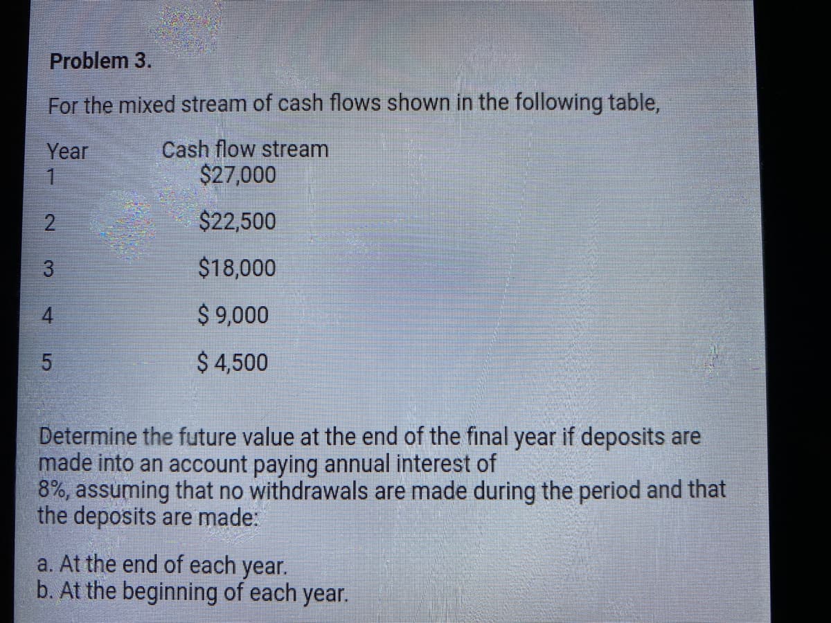 Problem 3.
For the mixed stream of cash flows shown in the following table,
Cash flow stream
$27,000
Year
$22,500
$18,000
$ 9,000
$ 4,500
Determine the future value at the end of the final year if deposits are
made into an account paying annual interest of
8%, assuming that no withdrawals are made during the period and that
the deposits are made:
a. At the end of each year.
b. At the beginning of each year.
2.
3.
4.
5.
