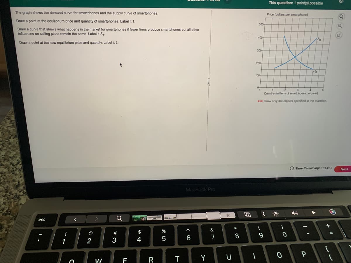 This question: 1 point(s) possible
The graph shows the demand curve for smartphones and the supply curve of smartphones.
Price (dollars per smartphone)
Draw a point at the equilibrium price and quantity of smartphones. Label it 1.
500-
Draw a curve that shows what happens in the market for smartphones if fewer firms produce smartphones but all other
influences on selling plans remain the same. Label it S,.
400-
Draw a point at the new equilibrium price and quantity. Label it 2.
300-
200-
Do
100-
of
Quantity (millions of smartphones per year)
>>> Draw only the objects specified in the question.
O Time Remaining: 01:14:18
Next
MacBook Pro
Q
esc
B888
@
#
$
%
6
7
8.
9
1
2
3
4
W
E
R
Y
