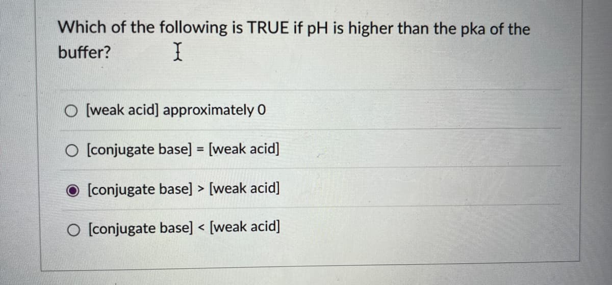 Which of the following is TRUE if pH is higher than the pka of the
buffer?
O [weak acid] approximately 0
O [conjugate base] = [weak acid]
[conjugate base] > [weak acid]
O [conjugate base] < [weak acid]
