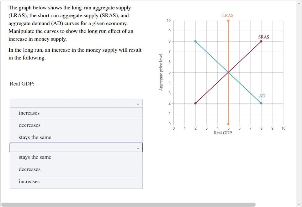 The graph below shows the long-run aggregate supply
(LRAS), the short-run aggregate supply (SRAS), and
LRAS
10
aggregate demand (AD) curves for a given economy.
Manipulate the curves to show the long run effect of an
9
SRAS
increase in money supply.
8
In the long run, an increase in the money supply will result
7
in the following.
6
5
Real GDP:
4
3
AD
2
increases
1.
decreases
2
3
4
6
7
9
10
Real GDP
stays the same
stays the same
decreases
increases
Aggregate price level
