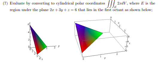 /| 2rdV, where E is the
region under the plane 2r + 3y + z = 6 that lies in the first octant as shown below;
(7) Evaluate by converting to cylindrical polar coordinates
E
