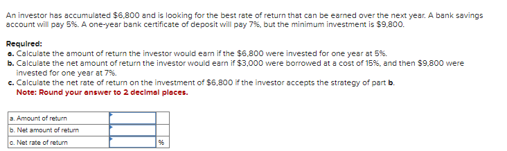 An investor has accumulated $6,800 and is looking for the best rate of return that can be earned over the next year. A bank savings
account will pay 5%. A one-year bank certificate of deposit will pay 7%, but the minimum investment is $9,800.
Required:
a. Calculate the amount of return the investor would earn if the $6,800 were invested for one year at 5%.
b. Calculate the net amount of return the investor would earn if $3,000 were borrowed at a cost of 15%, and then $9,800 were
invested for one year at 7%.
c. Calculate the net rate of return on the investment of $6,800 if the investor accepts the strategy of part b.
Note: Round your answer to 2 decimal places.
a. Amount of return
b. Net amount of return
c. Net rate of return
%