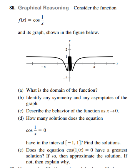 88. Graphical Reasoning Consider the function
1
f(x)
= cos
and its graph, shown in the figure below.
-2+
(a) What is the domain of the function?
(b) Identify any symmetry and any asymptotes of the
graph.
(c) Describe the behavior of the function as x→0.
(d) How many solutions does the equation
cos
have in the interval [– 1, 1]? Find the solutions.
(e) Does the equation cos(1/x) = 0 have a greatest
solution? If so, then approximate the solution. If
not, then explain why.
