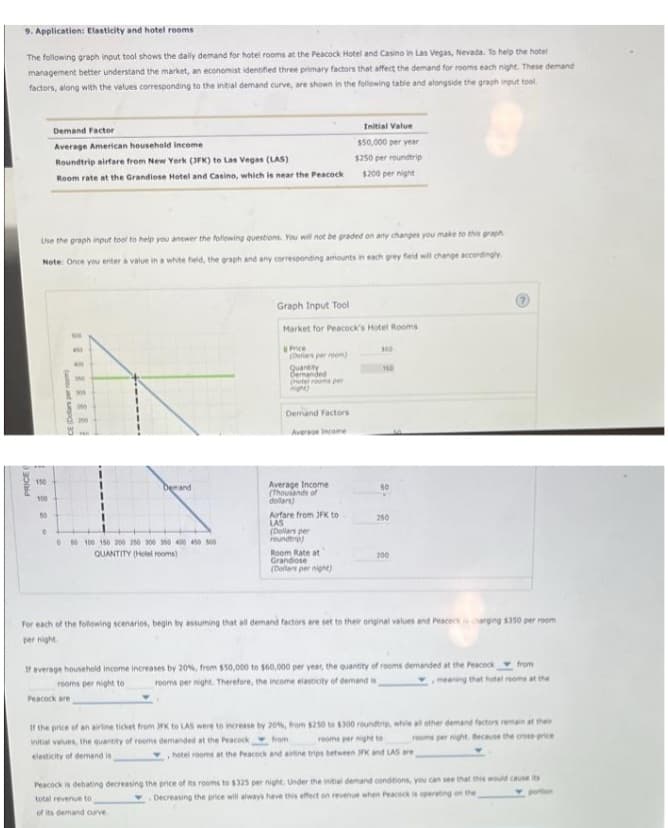 9. Application: Elasticity and hotel rooms
The following graph input tool shows the dally demand for hotel rooms at the Peacock Hotel and Casino in Las Vegas, Nevada. To help the hotel
management better understand the market, an economist identified three primary factors that affect the demand for rooms each night. These demand
factors, along with the values corresponding to the intial demand curve, are shown in the following table and alongside the graph input tool
Initial Value
Demand Factor
$50,000 per year
Average American household inceme
$250 per roundtrip
Roundtrip alrfare from New Yerk (3FK) to Las Vegas (LAS)
$200 per night
Room rate at the Grandiose Hotel and Casino, which is near the Peacock
Use the graph input tool to help you answer the following questions. You will not be graded on any changes you make to this graph
Note Once you enter a value in a white feld, the graph and any corresponding amounts in each grey feld will change accordingly
Graph Input Tool
Market for Peacock's Hotel Rooms
Pce
(Deliars per reom)
350
guantty
Demanded
(otel rooms per
Demand Factors
200
Averase Income
110
Average Income
(Thouands of
dollars)
berand
50
100
Airfare from JFK to
LAS
(Dollars per
reundtre)
50
250
100 150 200 20 100 Me 400 450 00
Room Rate at
Grandiose
(Delars per night)
QUANTITY (Hetel rooms)
200
For each of the following scenarios, begin by assuming that all demand factors are set to their original values and Peaceck arging $350 per room
per night.
If average household income increases by 20%, from $50,000 to $60,000 per year, the quantity of rooms demanded at the Peaceck
rooms per night. Therefore, the income elasticity of demand is
from
rooms per night to
meaning that hotel reome at the
Peacock are
If the price of an airline ticket from rk to LAS were to increase by 20%, from $250 to $300 roundtrie, whle all other demand factors remain at their
reoms per night. Because the cressprice
initial values, the quantity of reoms demanded at the Peaceck from
reoms per nights
elasticity of demand is
hotel reoms at the Peaceck and atine trips between K and LAS are
Peacock is debating decreasing the price of its rooms to $325 per night. Under the initial demand conditions, you can see that this would cause its
portion
total revenue to
Decreasing the price will always have this effect on revenue when Peacock is operating on the
of its demand curve
