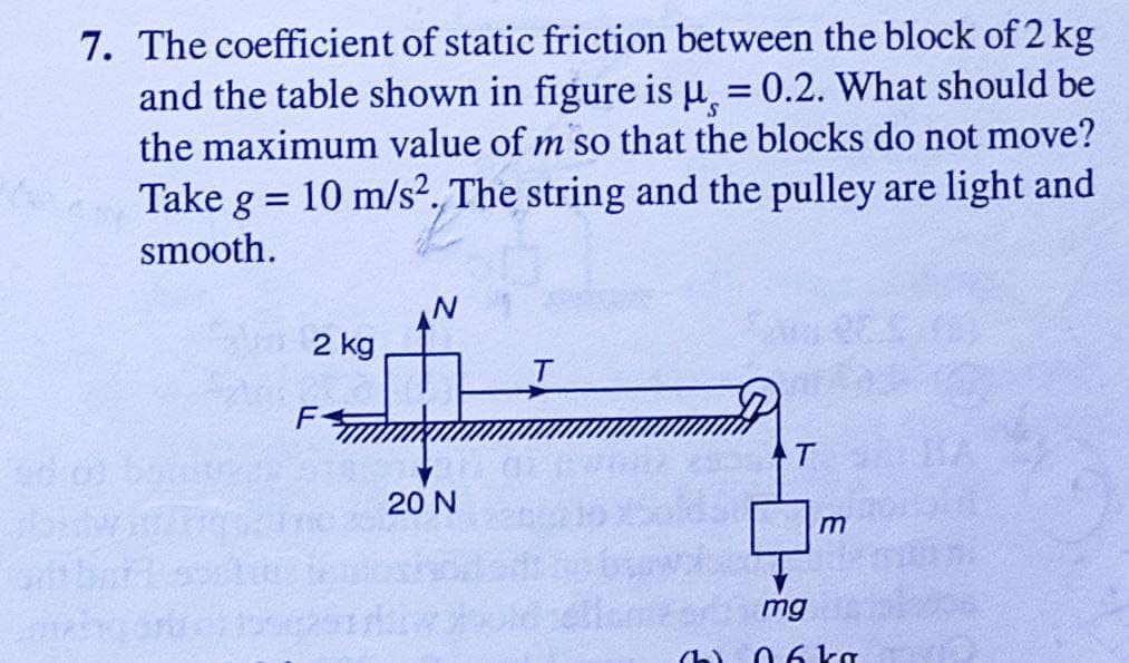 7. The coefficient of static friction between the block of 2 kg
and the table shown in figure is μ¸, = 0.2. What should be
the maximum value of m so that the blocks do not move?
10 m/s². The string and the pulley are light and
=
Take g
smooth.
2 kg
T
T
F-
20 N
m
mg
06 kg