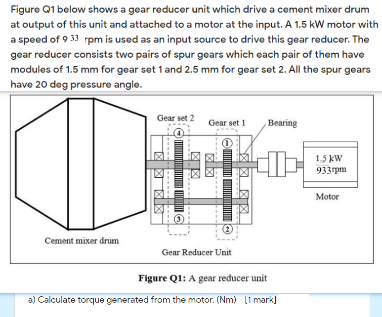Figure Q1 below shows a gear reducer unit which drive a cement mixer drum
at output of this unit and attached to a motor at the input. A 1.5 kW motor with
a speed of 9 33 rpm is used as an input source to drive this gear reducer. The
gear reducer consists two pairs of spur gears which each pair of them have
modules of 1.5 mm for gear set 1 and 2.5 mm for gear set 2. All the spur gears
have 20 deg pressure angle.
Gear set 2
Gear set 1
Вearing
1,5 kW
933rpm
Motor
Cement mixer drum
Gear Reducer Unit
Figure Q1: A gear reducer unit
a) Calculate torque generated from the motor. (Nm) - [1 mark]
