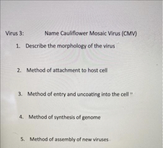 Virus 3:
1.
Name Cauliflower Mosaic Virus (CMV)
Describe the morphology of the virus
2. Method of attachment to host cell
3. Method of entry and uncoating into the cell "
4. Method of synthesis of genome
5. Method of assembly of new viruses.