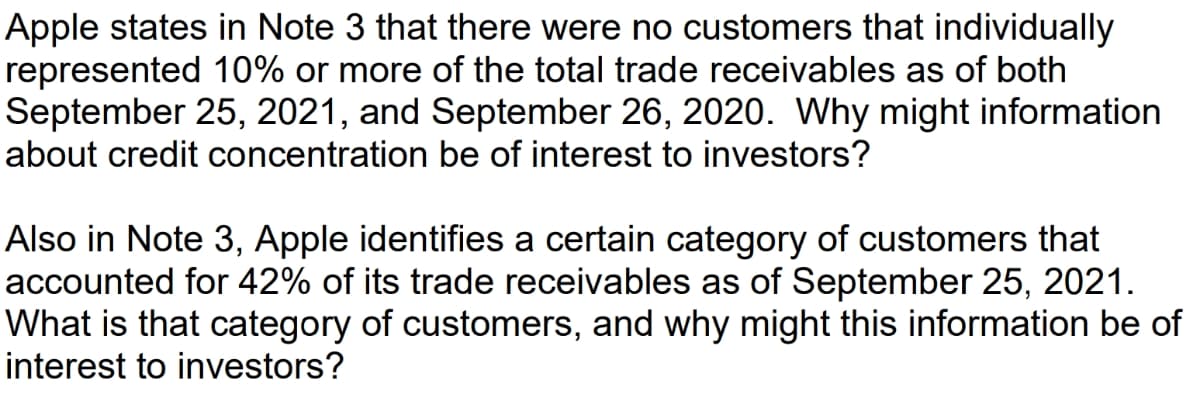 Apple states in Note 3 that there were no customers that individually
represented 10% or more of the total trade receivables as of both
September 25, 2021, and September 26, 2020. VWhy might information
about credit concentration be of interest to investors?
Also in Note 3, Apple identifies a certain category of customers that
accounted for 42% of its trade receivables as of September 25, 2021.
What is that category of customers, and why might this information be of
interest to investors?
