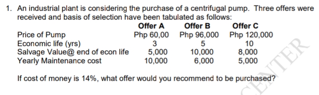 1. An industrial plant is considering the purchase of a centrifugal pump. Three offers were
received and basis of selection have been tabulated as follows:
Offer A
Offer B
Offer C
Price of Pump
Economic life (yrs)
Salvage Value@ end of econ life
Yearly Maintenance cost
Php 60,00 Php 96,000 Php 120,000
3
5,000
10,000
5
10,000
6,000
10
8,000
5,000
If cost of money is 14%, what offer would you recommend to be purchas
TER
