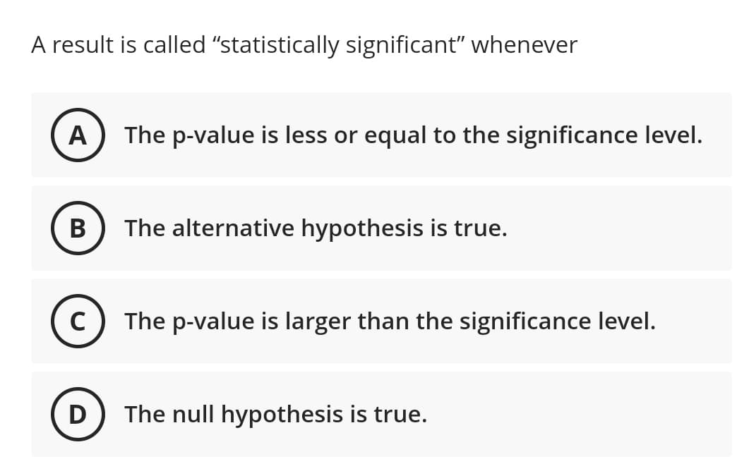 A result is called "statistically significant" whenever
A
The p-value is less or equal to the significance level.
B
The alternative hypothesis is true.
C
The p-value is larger than the significance level.
D
The null hypothesis is true.