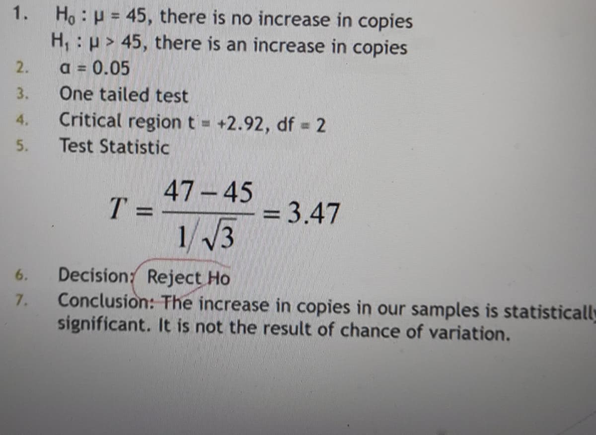 1.
Ho u = 45, there is no increase in copies
> 45, there is an increase in copies
H,
2.
a = 0.05
3.
One tailed test
4.
Critical region t = +2.92, df = 2
5.
Test Statistic
47-45
T =
= 3.47
www.com
1 √3
6.
Decision: Reject Ho
7.
Conclusion: The increase in copies in our samples is statistically
significant. It is not the result of chance of variation.