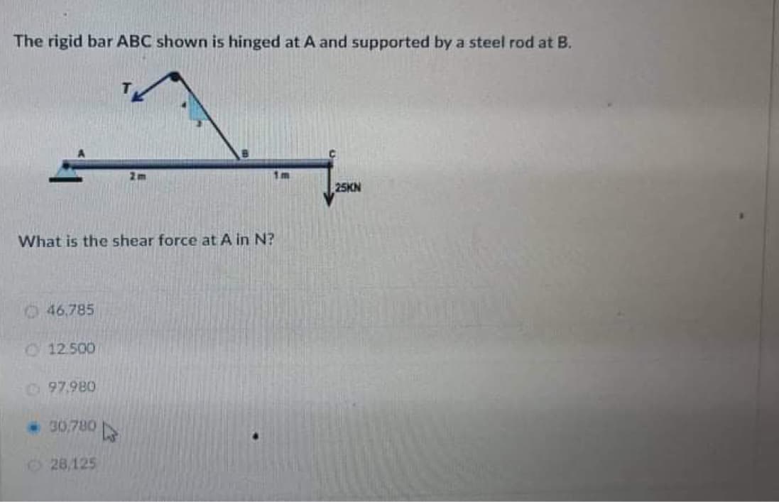 The rigid bar ABC shown is hinged at A and supported by a steel rod at B.
1m
25KN
What is the shear force at A in N?
046,785
012.500
C 97.980
30,780
228,125

