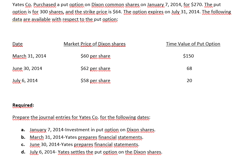 Yates Co. Purchased a put option on Dixon common shares on January 7, 2014, for $270. The put
option is for 300 shares, and the strike price is $64. The option expires on July 31, 2014. The following
data are available with respect to the put option:
Date
Market Price of Dixon shares
Time Value of Put Option
March 31, 2014
$60 per share
$150
June 30, 2014
$62 per share
68
July 6, 2014
$58 per share
20
Reguired:
Prepare the journal entries for Yates Co. for the following dates:
a. January 7, 2014-Investment in put option on Dixon shares.
b. March 31, 2014-Yates prepares financial statements.
June 30, 2014-Yates prepares financial statements.
с.
d. July 6, 2014- Yates settles the put option on the Dixon shares.
